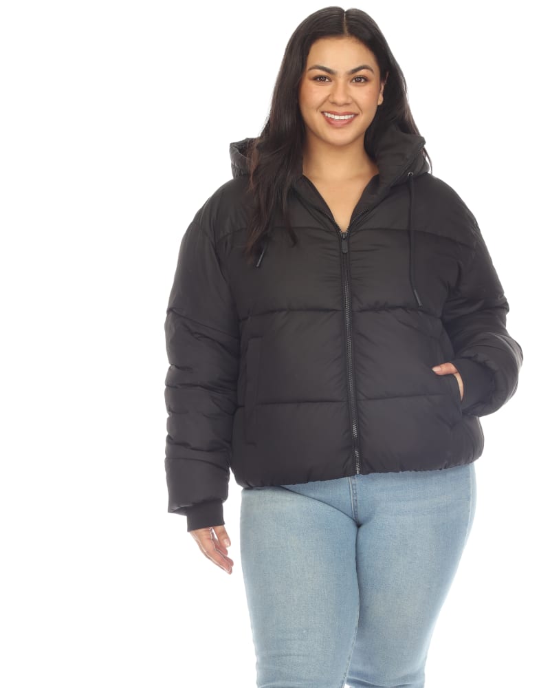 Front of a model wearing a size 2X Women's Full Front Zip Hooded Bomber Puffer Coat in Black by White Mark. | dia_product_style_image_id:306517